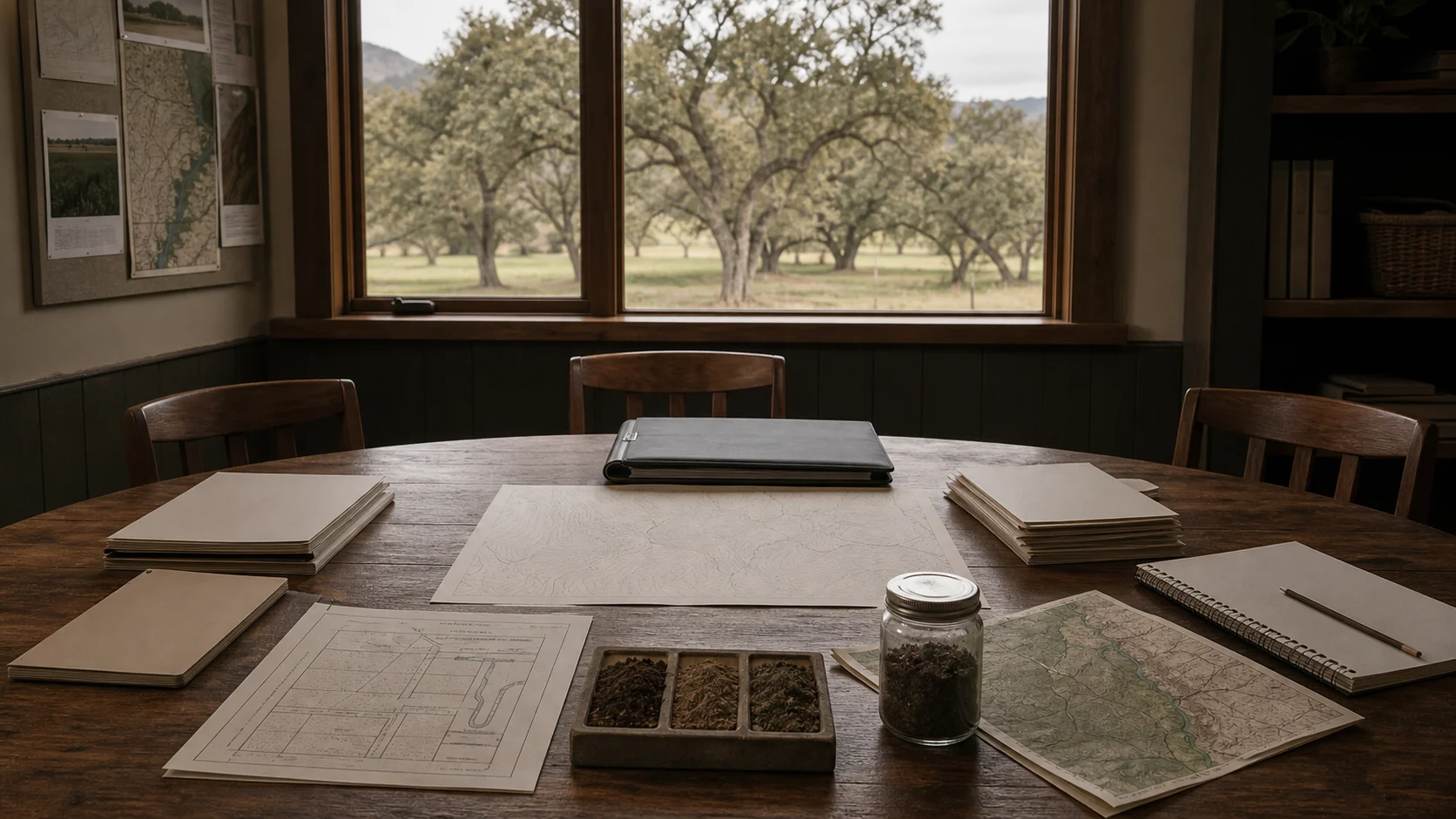Governance and technical oversight materials arranged in a rural field office