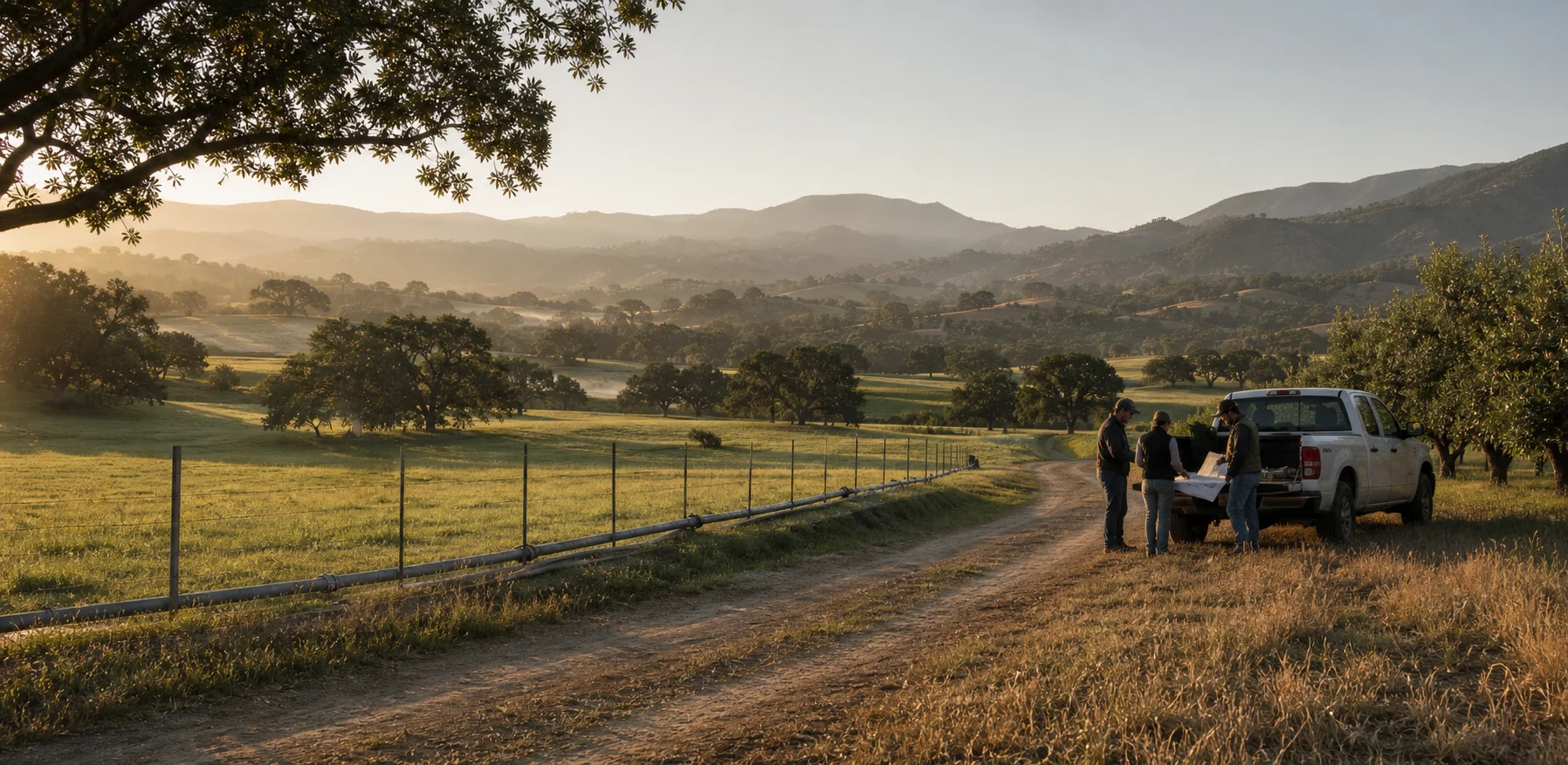 Sierra foothills working landscape with a field team reviewing a map near an irrigation line