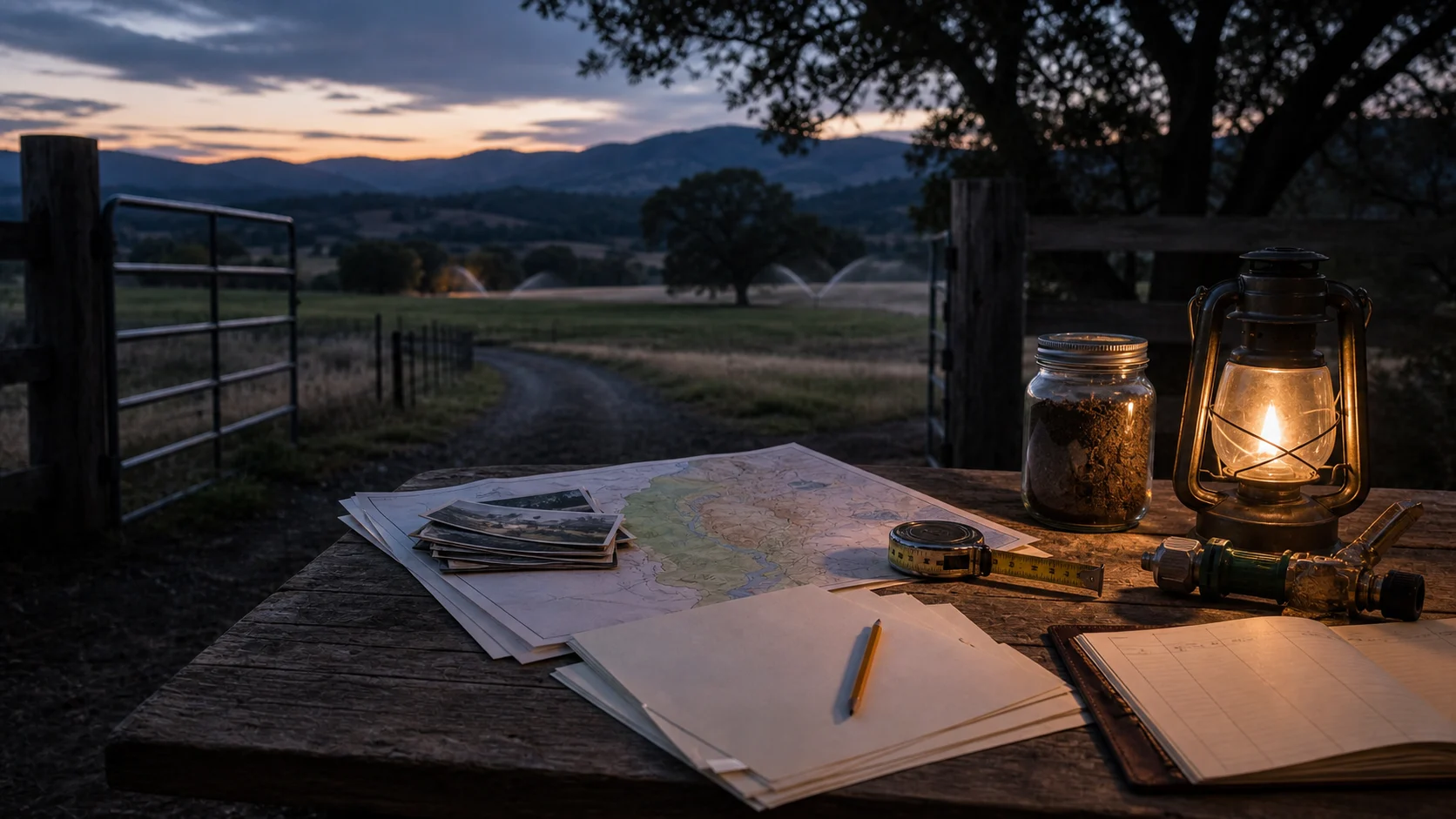 Field reporting table at dusk with maps, soil sample, irrigation hardware, and working land beyond